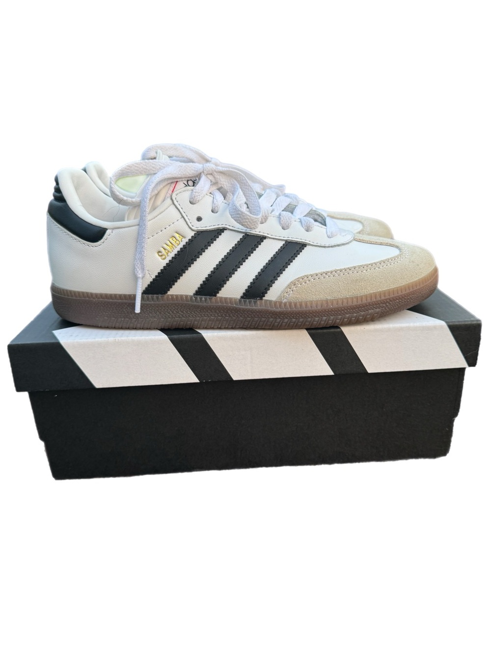 adidas Samba J White Black Gum Sole Gold Logo Low Sneakers Child 5.5 Women 7